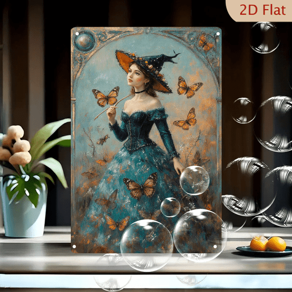 Vintage Fantasy Witch Fairy Queen Art Print, 8x12 inch Metal Wall Decor, Romantic Whimsical Painting with Butterflies and Ornate Border, Magical Forest Scene for Home Office Living Room