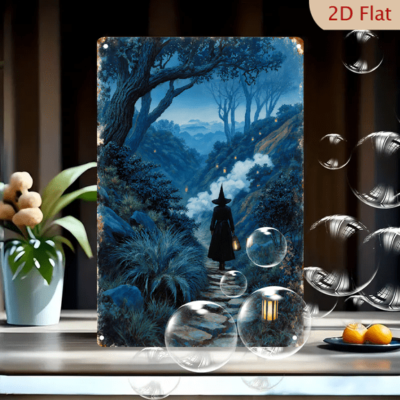 Vintage Fantasy Witch Lantern Twilight Forest Painting, 8x12 Inches Metal Wall Art, Mystical Dark Cloak Character on Winding Path with Glowing Lights, Serene Dusk Landscape for Home Decor