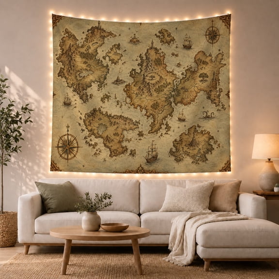 Vintage Fantasy World Map with Sailing Ships on Parchment, Adventurous Rustic for Map Lovers, Old World Exploration Art, Birthday Gift, Tapestry Wall Hanging for Bedroom and Living Room