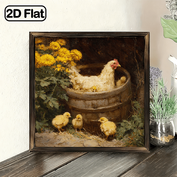 Vintage Farm Animal Hen & Chicks Painting Wall Art for Living Room Bedroom Kitchen Farmhouse Decor, 8x8 Inch Decorative Signs & Plaques, Gift for Family Friends Animal Lovers