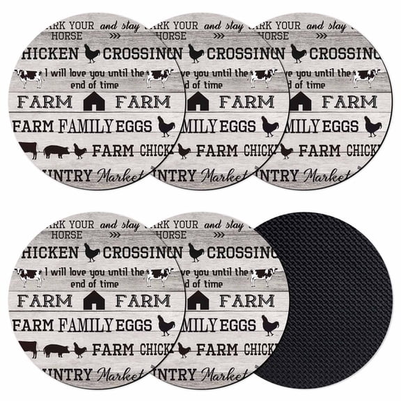 Vintage Farm Animals Coasters Set of 6, Absorbent Coasters for Drinks, Country Cow Pig Chicken Grey Wooden Coaster for Desk Coffee Table Protection, Home Decor House Warming Gifts 4"