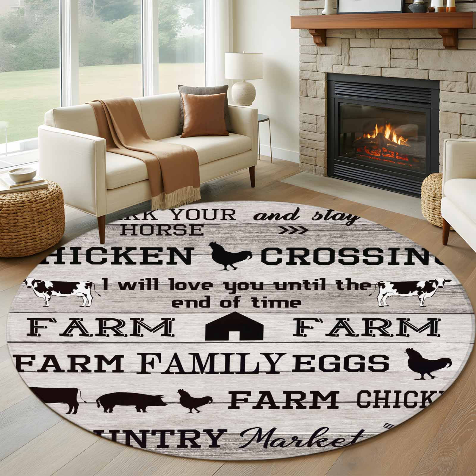 Chicken Area Rug Vintage Farm Animals Round Area Rug 5ft, Country Cow Pig Chicken Grey ...