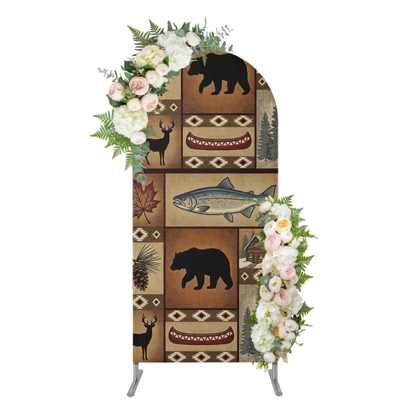 Vintage Farm Arch Backdrop Cover 4FT, Boho Retro Farmhouse Barn Bear Deer Fish Trees Spandex Fitted Stretchy Arch Stand Covers, Round Top Chiara Backdrop Cover for Wedding Party Birthday Baby Shower