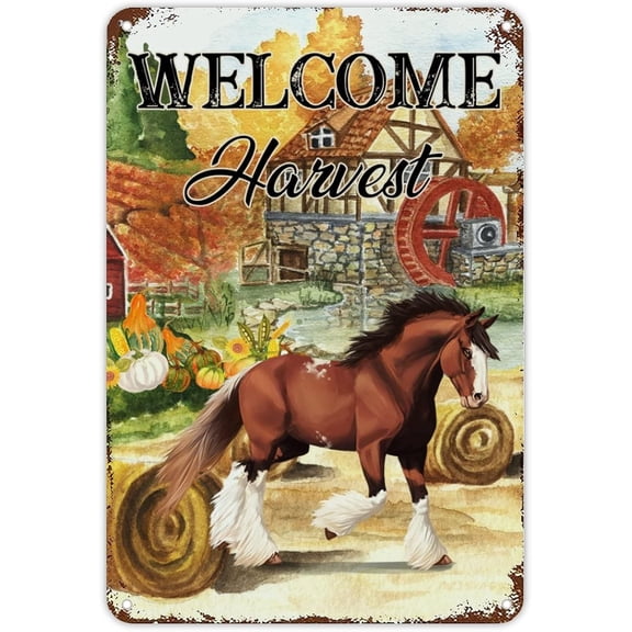 Vintage Farm Barn Gold Pumkin Horse Metal Sign Fall Thanksgiving Signs Welcome Harvest Wall Art Farmhouse Sign Rustic Wall Decor for Home Man Cave Gate Garden Bars Cafes 12x8 inch