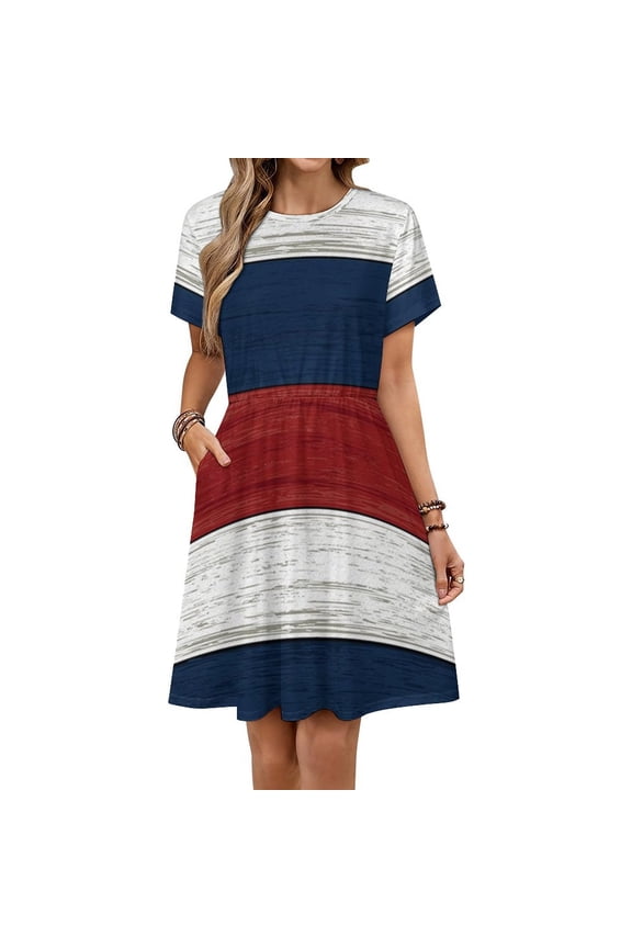 Vintage Farm Barn Red, Blue And White Dress Summer Street Style Dresses Female Short Sleeve Printed Sundress