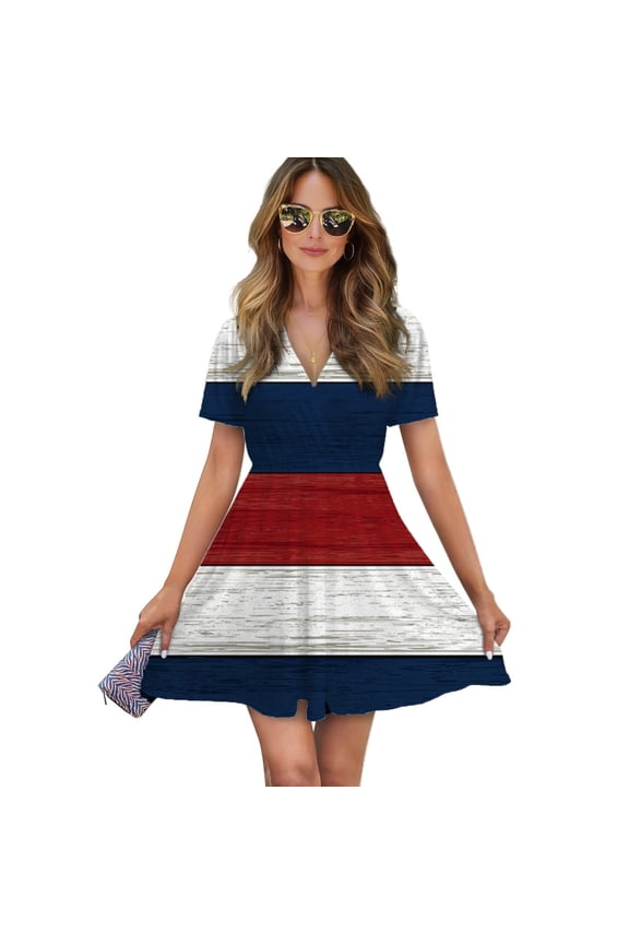 Vintage Farm Barn Red, Blue And White Women Dress V-Neck Short Sleeve Flowy Swing Party Midi Dress