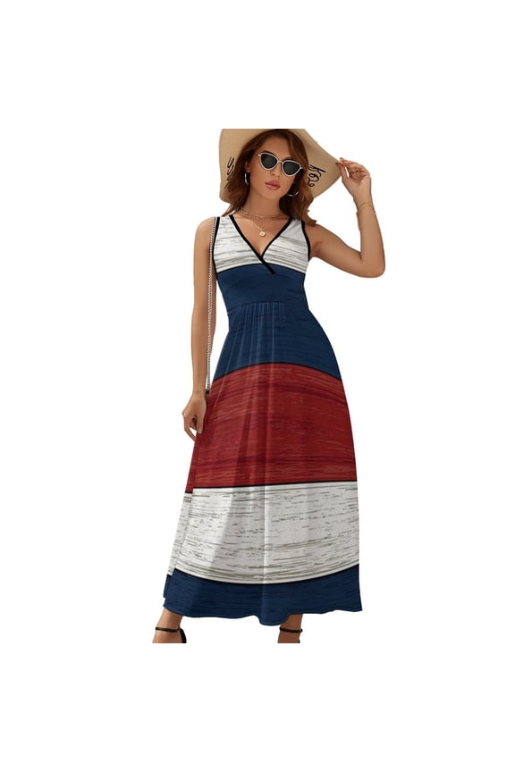 Vintage Farm Barn Red, Blue And White Womens Night Club Maxi Dress V Neck Sleeveless Bohemia Long Dresses