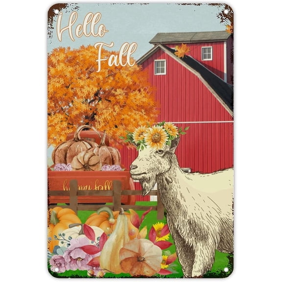 Vintage Farm Barn Truck Sheep Goat with Sunflower Metal Tin Sign Fall Thanksgiving Signs Hello Fall Wall Art Rustic Wall Decor for Home Bars Clubs Cafes Man Cave Party 12x8 inch