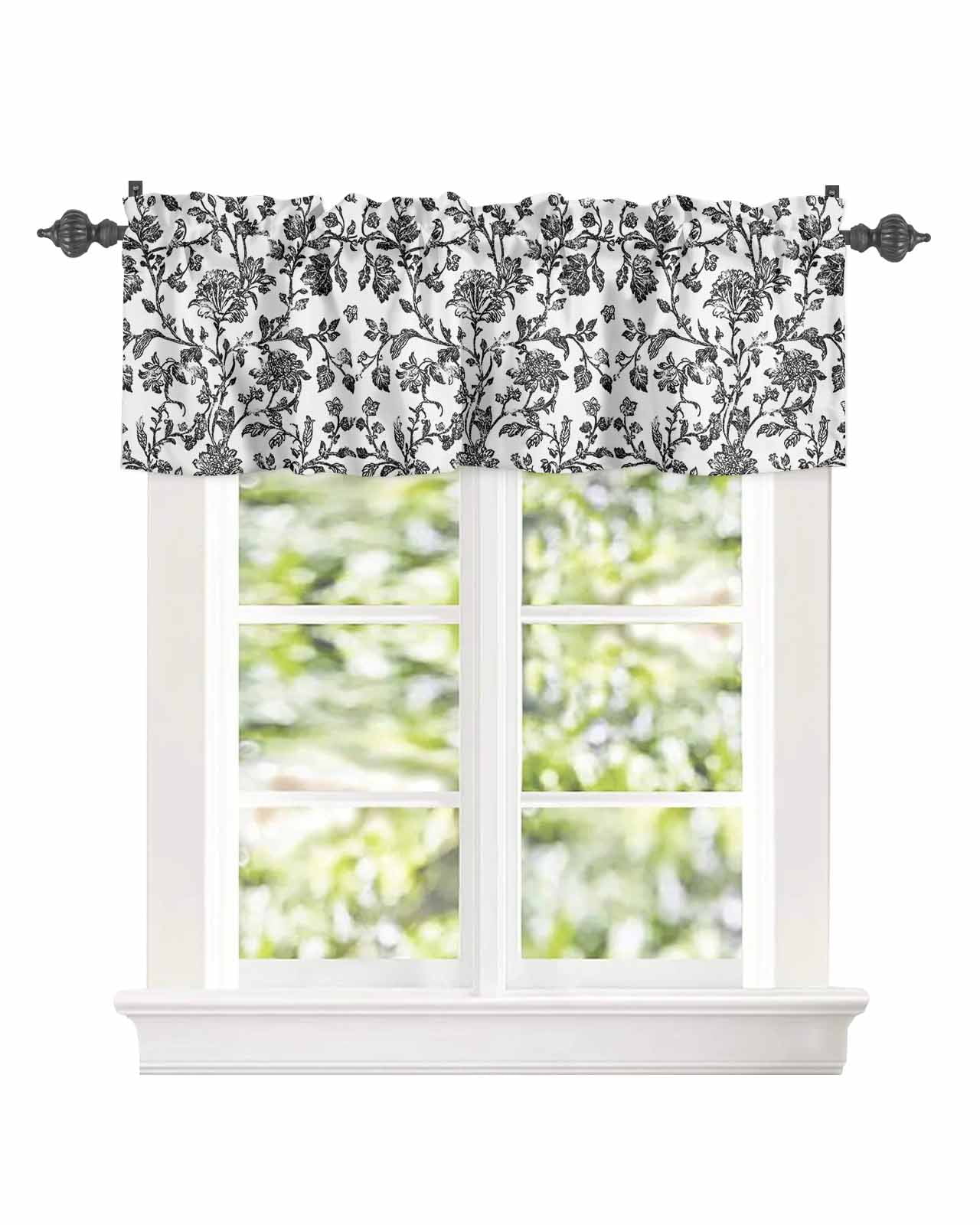 Vintage Farm Black Flower Pattern Curtain Valances for Kitchen Windows,Rod Pocket Short Valance Pastoral Floral on White Window Treatment for Living Room Bathroom Bedroom,42" x 12"-1 Panel