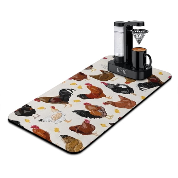 Vintage Farm Coffee Station Mat - Absorbent 4-Layer Mat with Rooster and Floral Print