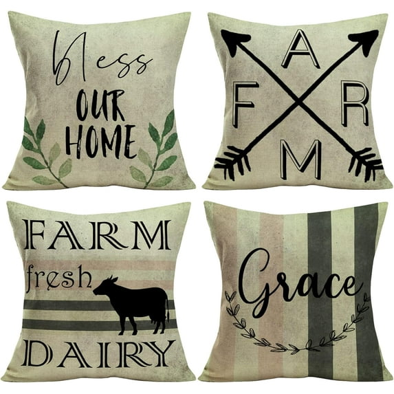 Vintage Farm Farmhouse Pillow Bless Our Home Grace Decorative Pillow Cases 18x18 Inch Set of 4 Farm Arrows Quote Cushion Cover Square Pillowcases Outdoor Home Decor Sofa Bedroom(Farm 4)