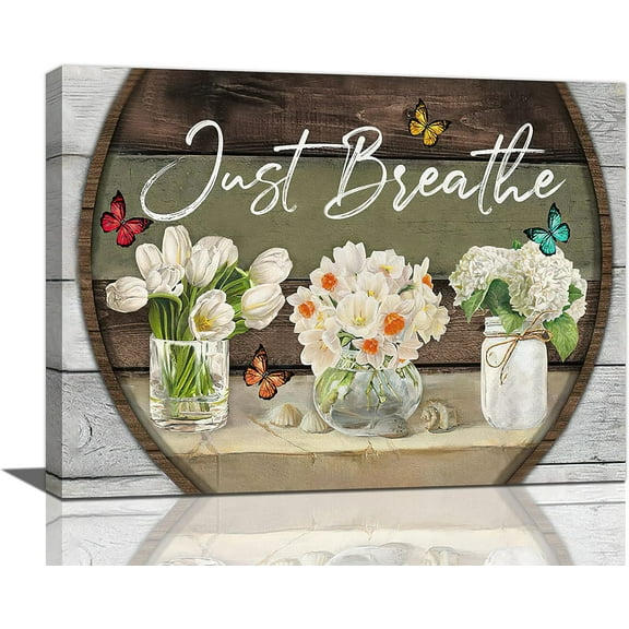 Vintage Farm Flower Bathroom Decor Wall Art Rustic Farmhouse Floral Butterfly Just Breathe Wooden Pictures Wall Decor Canvas Painting Prints Artwork Home Decorations Framed for Bedroom Kitchen 16"x12"