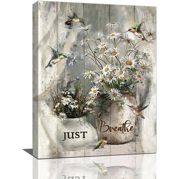 Vintage Farm Flower Bathroom Decor Wall Art Rustic Farmhouse Floral Hummingbird Just Breathe Pictures Wall Decor Canvas Painting Prints Artwork Home Decorations Framed for Bedroom 16"x20"