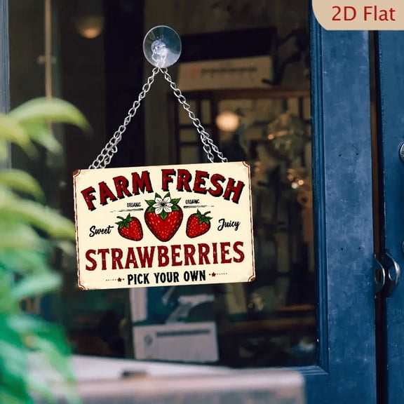 Vintage Farm Fresh Strawberries Metal Sign - Rustic Farmhouse Wall Art with Checkered Background & Strawberry Illustration, tinplate Kitchen Bar Home Decor, No Electricity Needed, Easy Hang 12*8in