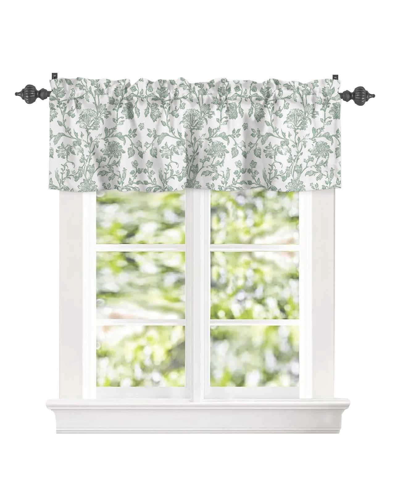 Vintage Farm Green Floral Pattern Curtain Valances for Kitchen Windows,Rod Pocket Short Valance Pastoral Flower on White Window Treatment for Living Room Bathroom Bedroom,42" x 18"-1 Panel