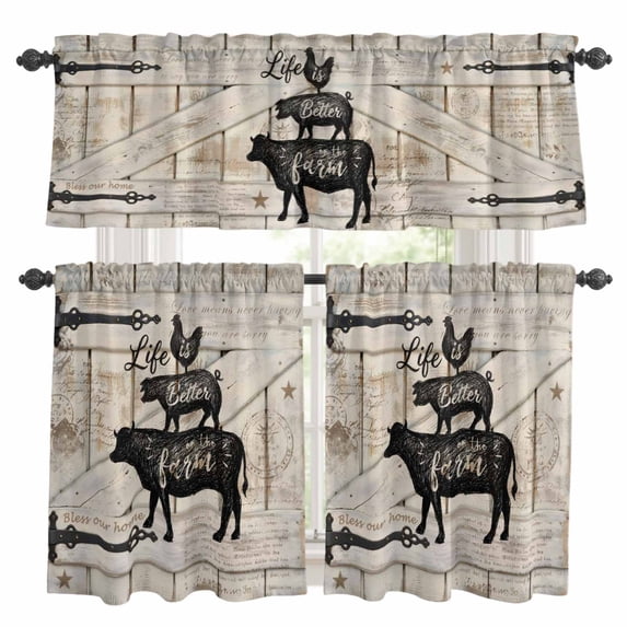 Vintage Farm Kitchen Curtains Valances and Tiers Set of 3 Chicken Cow Pig Barn Door Board Tier Curtains and Valance with Rod Pocket for Small Windows, 27.5"x36"