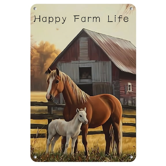 Vintage Farm Life Metal Tin Sign Wall Art - Rustic Barn &amp; Horses Design, Durable Tinplate Home Decor for Bar, Garage, for Man Cave, Cafe, Pub - Easy to Hang, Fade-Resistant