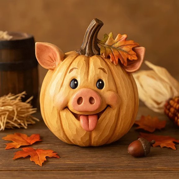 Vintage Farm Pumpkin Decorations Non Slip, QQZ Cute Resin Statue Ornaments for Porch Garden, Hand Painted Animal Figurines with Pumpkin Base for Yard Indoor Tabletop Thanksgiving Decor