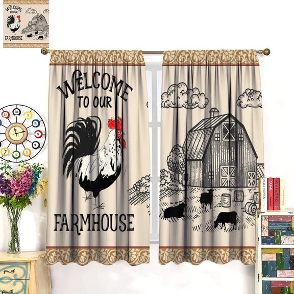 Vintage Farm Rooster Chicken Light Filtering Curtain Panels, Window Treatments for Bedroom, Living Room & Cafe, 52 x 63 Inches