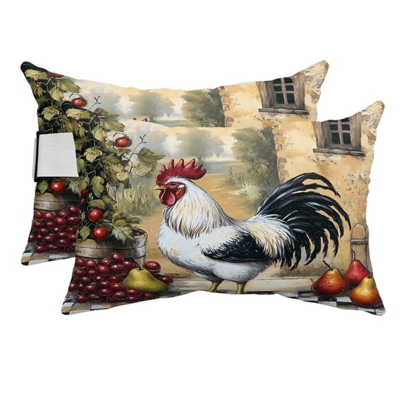 Vintage Farm Rooster Outdoor Pillow for Chaise Lounge Chair,Head RestingPillow with Insert, Watercolor Fruit Pattern Waterproof Lumbar Pillows for Patio Chaise Beach Chair,11"x16" 2 Pack