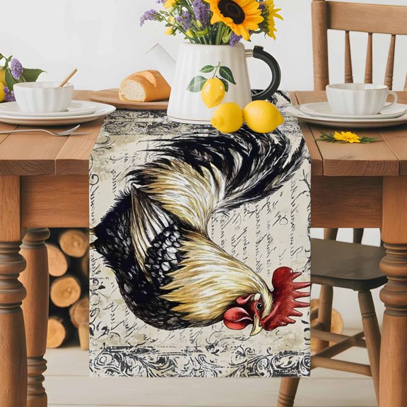 Vintage Farm Rooster Table Runner 72 Inches Long, Country Chicken on Retro Background Table Runners Tabletop Scarf Kitchen Dining Tables Decoration for Home Party Indoor Outdoor
