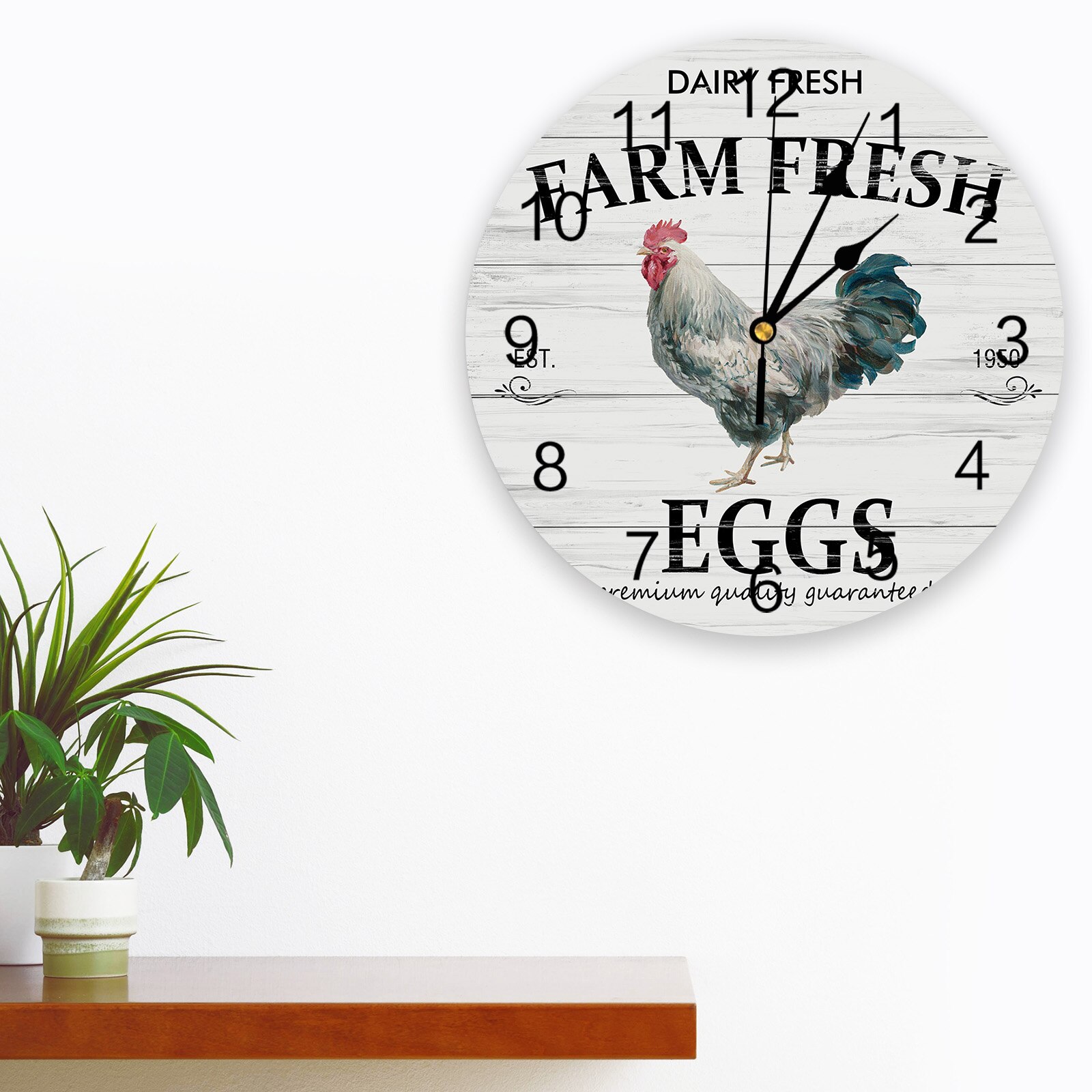 Vintage Farm Rooster Wood Grain Wall Clock Modern Design Silent Bedroom