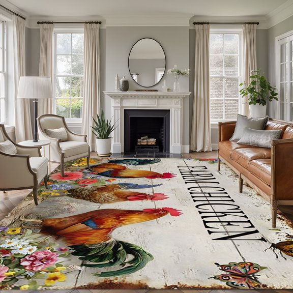 Vintage Farm Roosters 5'x7' Rug for Living Room Sofa and Coffee Table Layout, Rustic Farmhouse Animal Red Flower Washable Non Slip Rectangle Area Rug