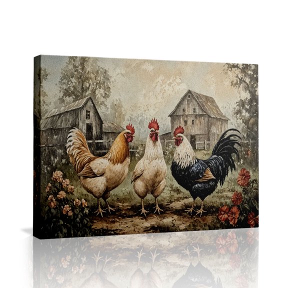 Vintage Farm Roosters Canvas Wall Art (Rustic Barn Scene) Ready to Hang for Kitchen
