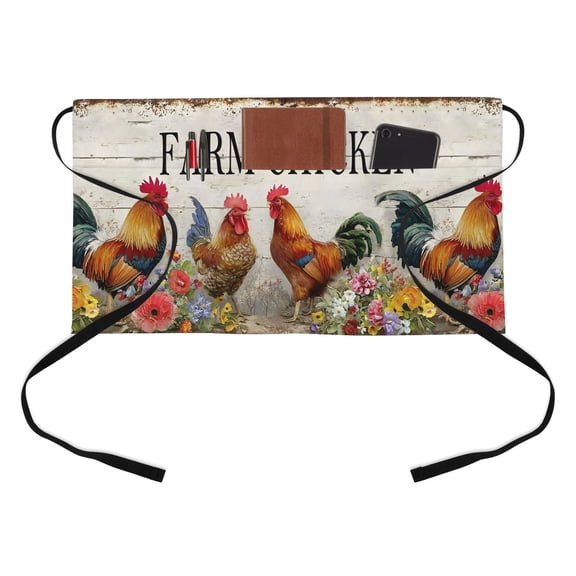 Vintage Farm Roosters Kitchen Restaurant Half Waist Apron, Rustic Farmhouse Animal Red Flower Server Short Apron with 3 Pockets Waterproof Oil Waist Aprons for Women Waitress Waiter