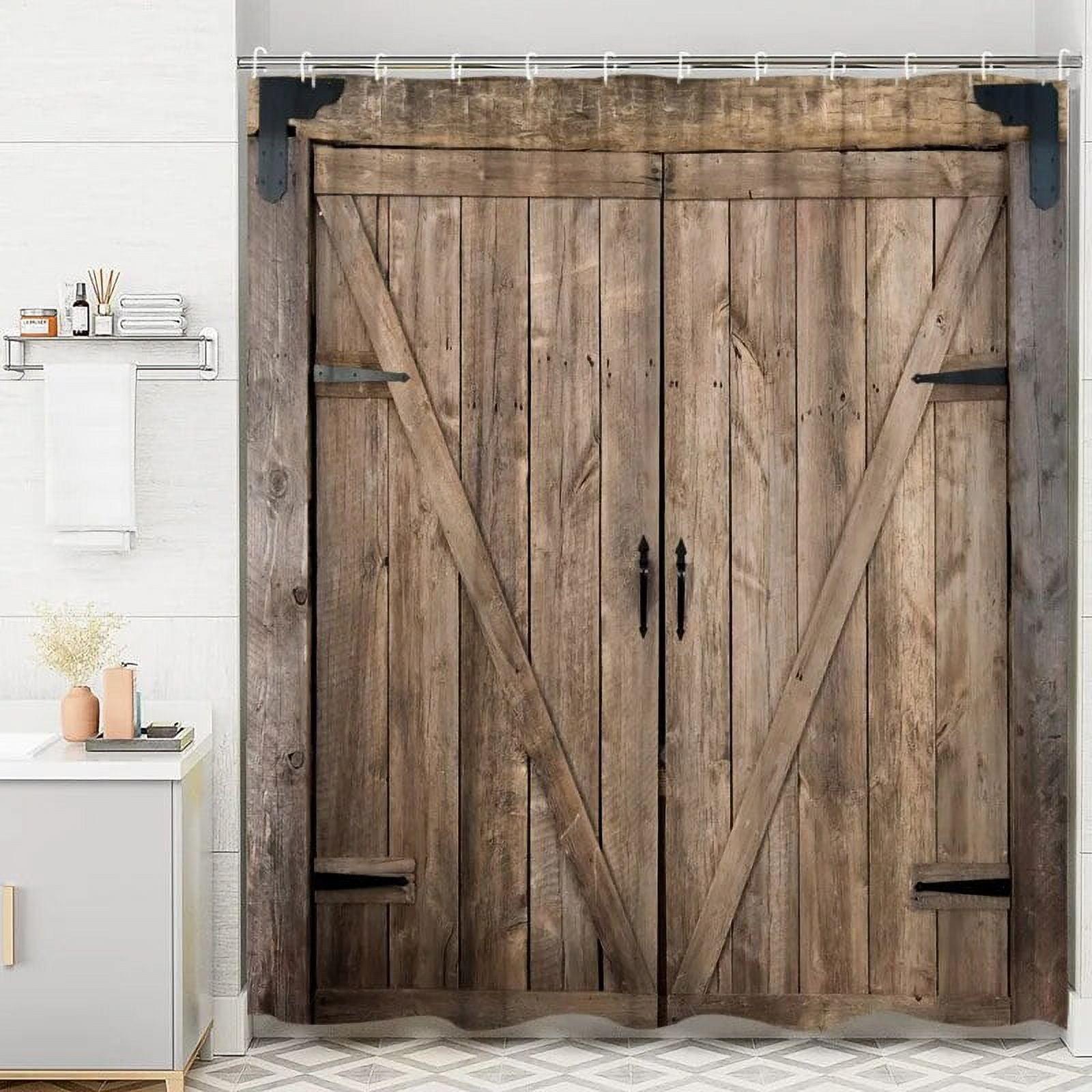 Vintage Farm Shower Curtain Barn Door Boardwalk Door Horseshoe Flower