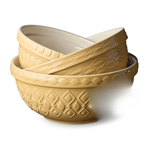 Vintage Farm Stoneware Mixing Bowl Set 3-piece Includes 2 Qt 3 & 4.25 Embossed Patterns In Golden-honey Finish Durable Nesting Design For Baking Serving