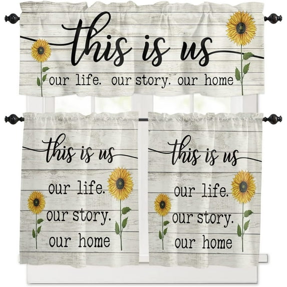 Vintage Farm Sunflower Floral 3-Piece Kitchen Curtain Set, Rod Pocket Kitchen Curtain Valance and Tiers Set, Washable Drape Window Treatment Set, Rustic Country Style Wood