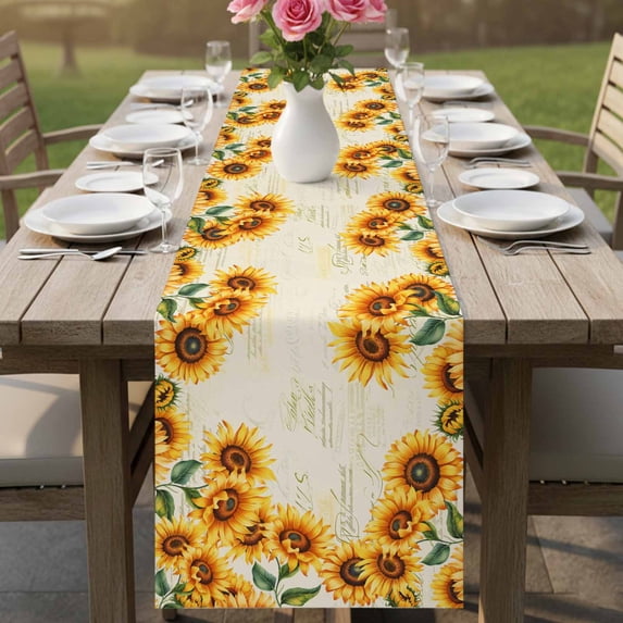 Vintage Farm Sunflower Leaves Table Runner 90 Inches Long,Kitchen Dining Tablerunners Retro Letter Back Linen Table Runners Dresser Scarves for Home Dinner Wedding Holiday Party Decor