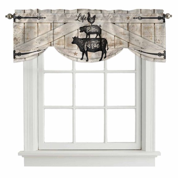 Vintage Farm Tie Up Valance for Windows Chicken Cow Pig Barn Door Board Adjustable Curtain Valance Rod Pocket Balloon Shade Window Treatment for Kitchen Living Room Bedroom 54x18inch