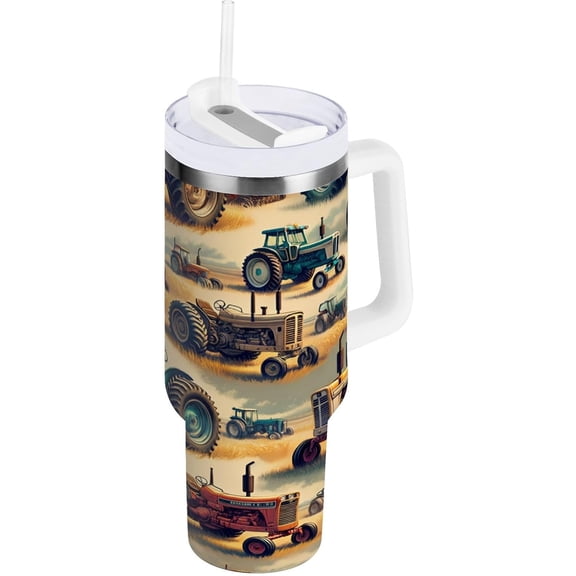 Vintage Farm Tractors 40 oz Stainless Steel Vacuum Insulated Tumbler with Handle and Straw Lid, Leakproof Water Bottle Double Wall Travel Mug Coffee Cup, Cupholder Friendly