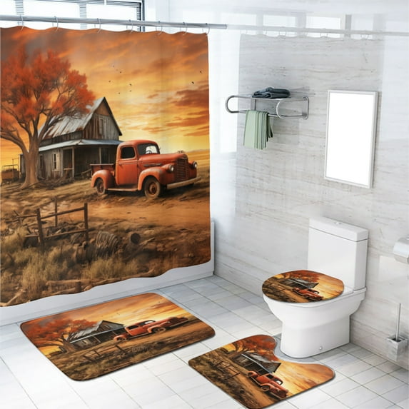 Vintage Farm Truck 4 Pieces Shower Curtain Set with Non-Slip Rug Western Farmhouse Country Natural Scenery Bath Curtain for Bathroom Waterproof Fabric Bathroom Decor Set, 72x72 Inch