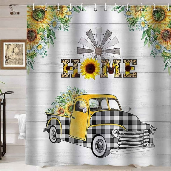 Vintage Farm Truck Shower Curtain, Country Buffalo Plaid Windmill Sunflower Daisy Floral Botanical Leopard Print Rustic Farmhouse Bathroom Decor, Waterproof Fabric Shower Curtain, 72 X 72 Inch