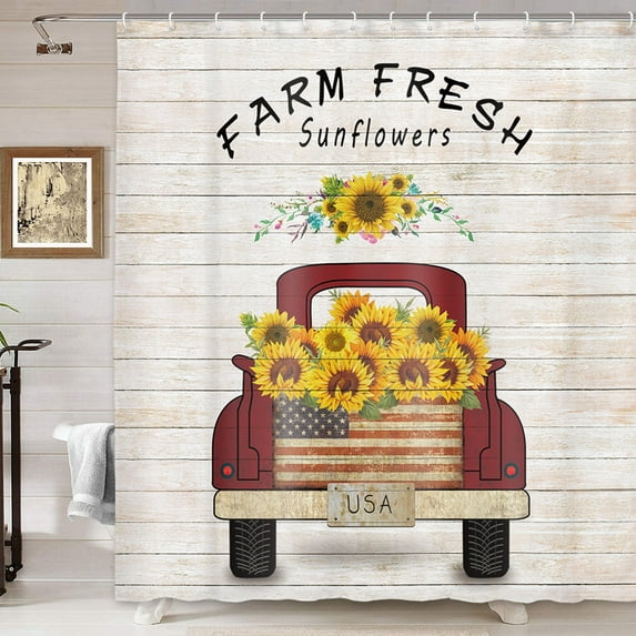 Vintage Farm Truck Sunflowers Shower Curtain, Farmhouse Red Truck Pull Sunflowers on Retro Wooden Bathroom Curtains, Fabric Rustic Farmhouse Shower Curtain for Bathroom 12PCS Hooks, 60X70IN