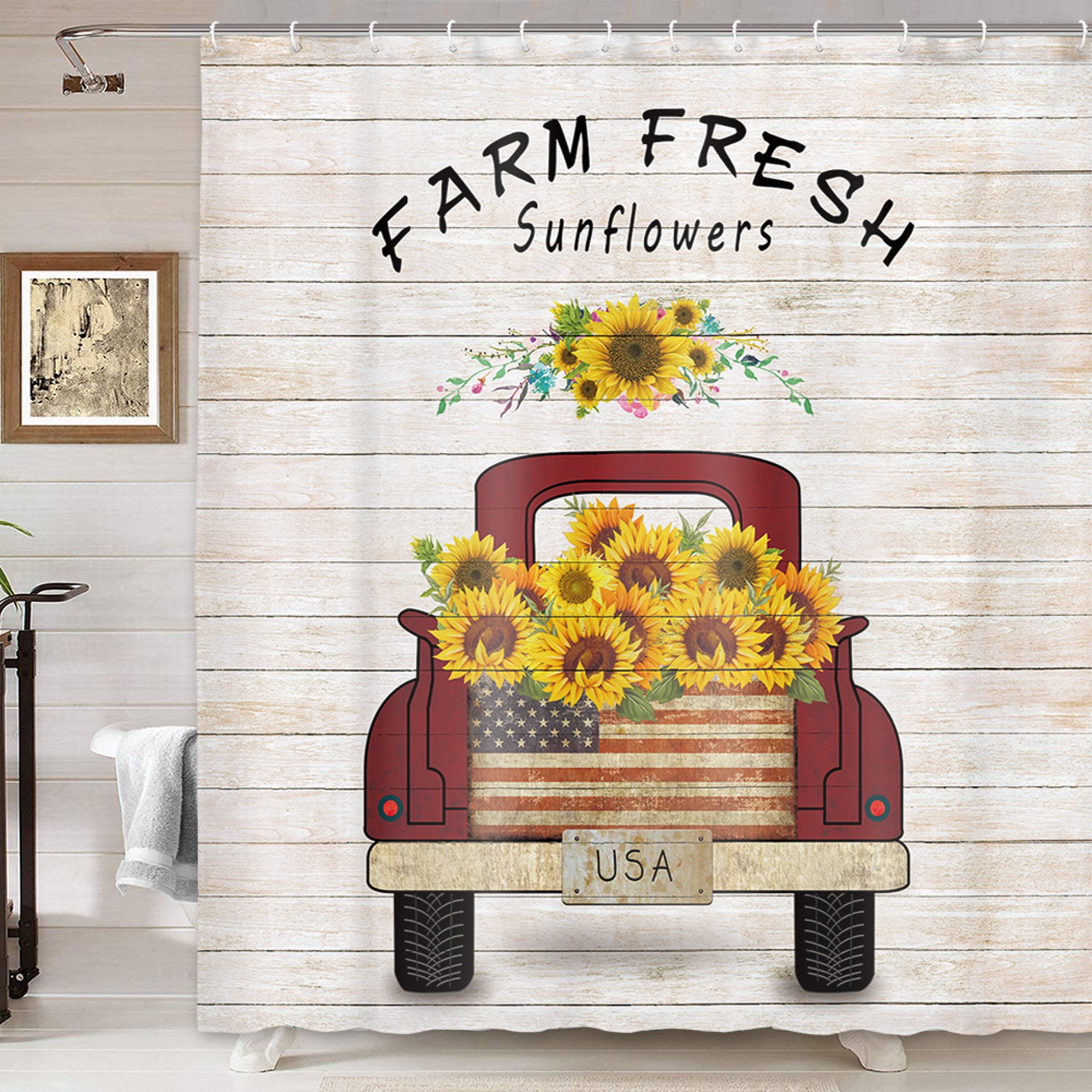 Vintage Farm Truck Sunflowers Shower Curtain, Farmhouse Red Truck Pull Sunflowers on Retro Wooden Bathroom Curtains, Fabric Rustic Farmhouse Shower Curtain for Bathroom 12PCS Hooks, 70X75IN
