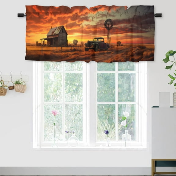 Vintage Farm Truck Window Curtains Valances Farmhouse Windmill Western Country Natural Scenery Window Treatment Valance Curtains for Bathroom Living Room Kitchen 54 by 18 in, 1 Panel