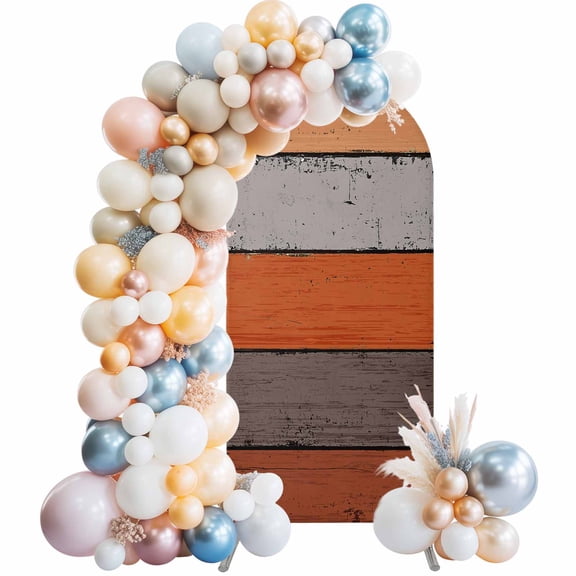 Vintage Farm Wood Board Arch Backdrop Cover Spandex Fitted Arch Cover 6FT,Arches Backdrop Stand Covers for Wedding Birthday Party Ceremony Banquet Decoration Orange Gray Gradient Plank