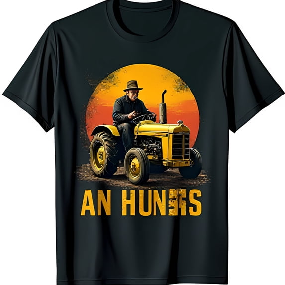 Vintage Farmer Driving Yellow Tractor at Sunset Black T-Shirt Rural Lifestyle Tee