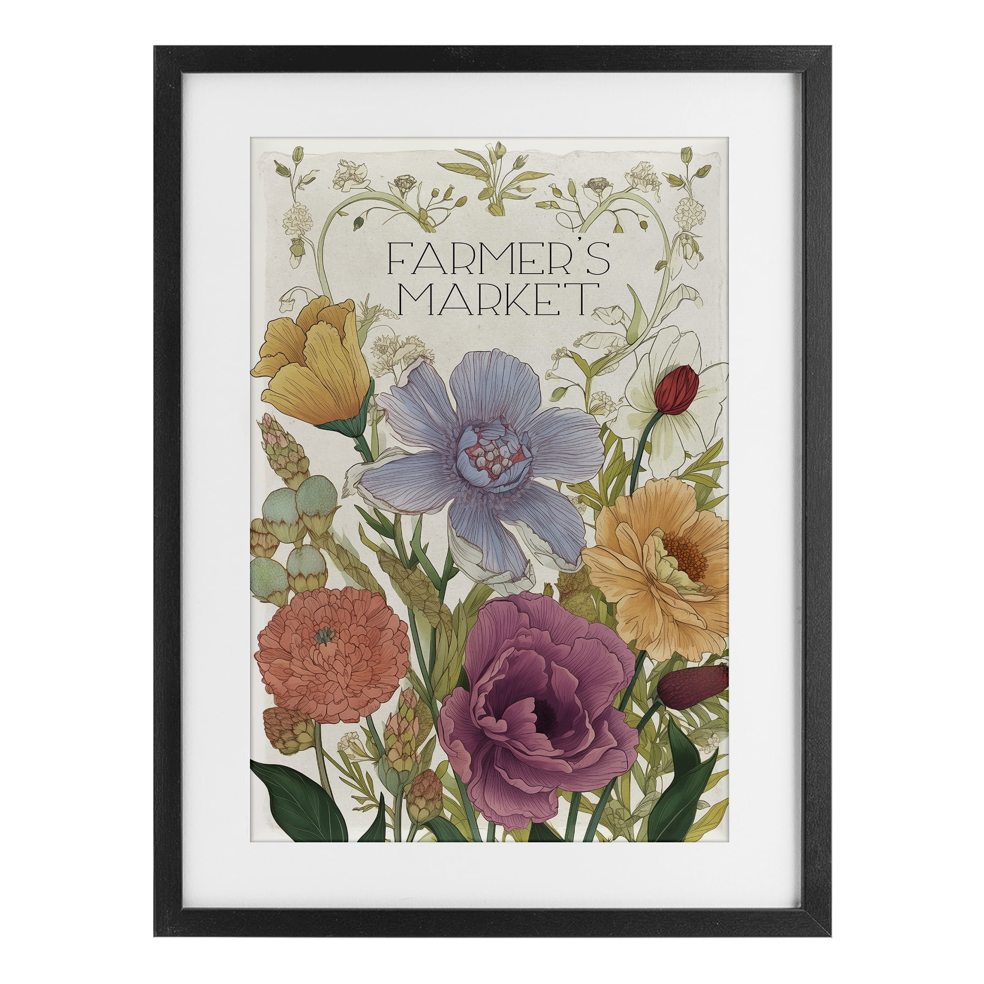 Vintage Farmer's Market Garden Black Framed Print Under Glass, design by Sasha