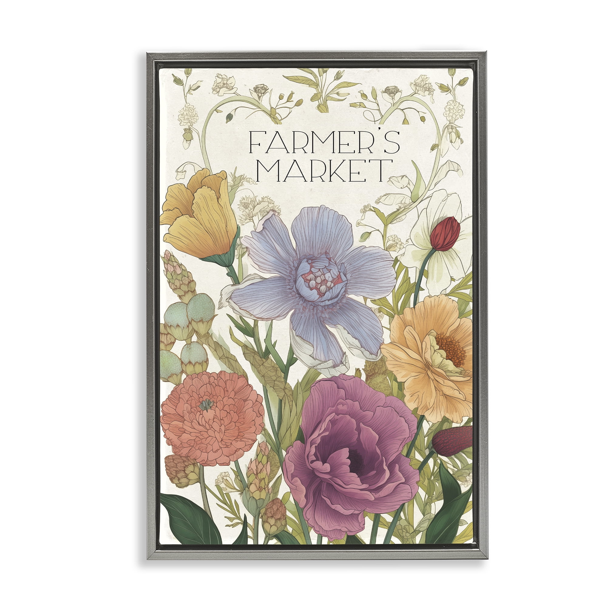 Vintage Farmer's Market Garden Gray Framed Floater Canvas Wall Art, design by Sasha