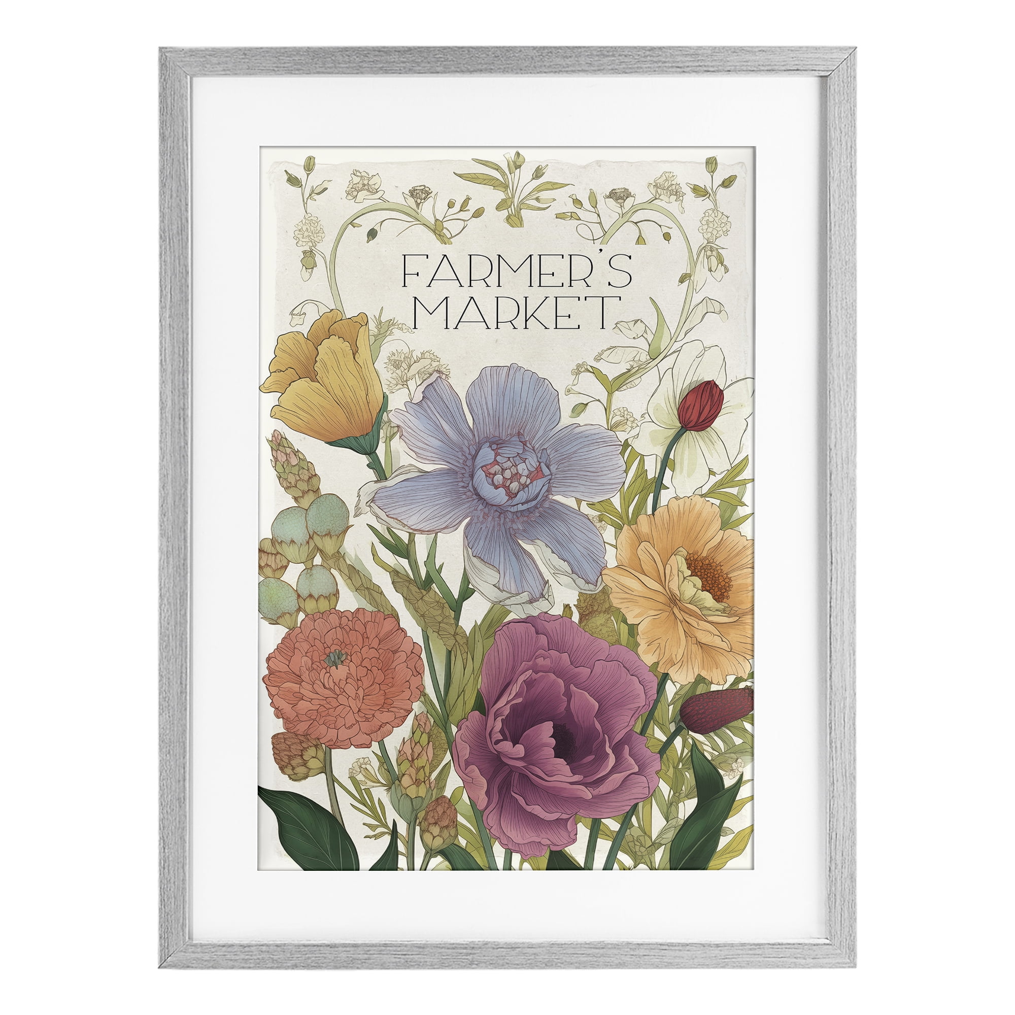 Vintage Farmer's Market Garden Gray Framed Print Under Glass, design by Sasha