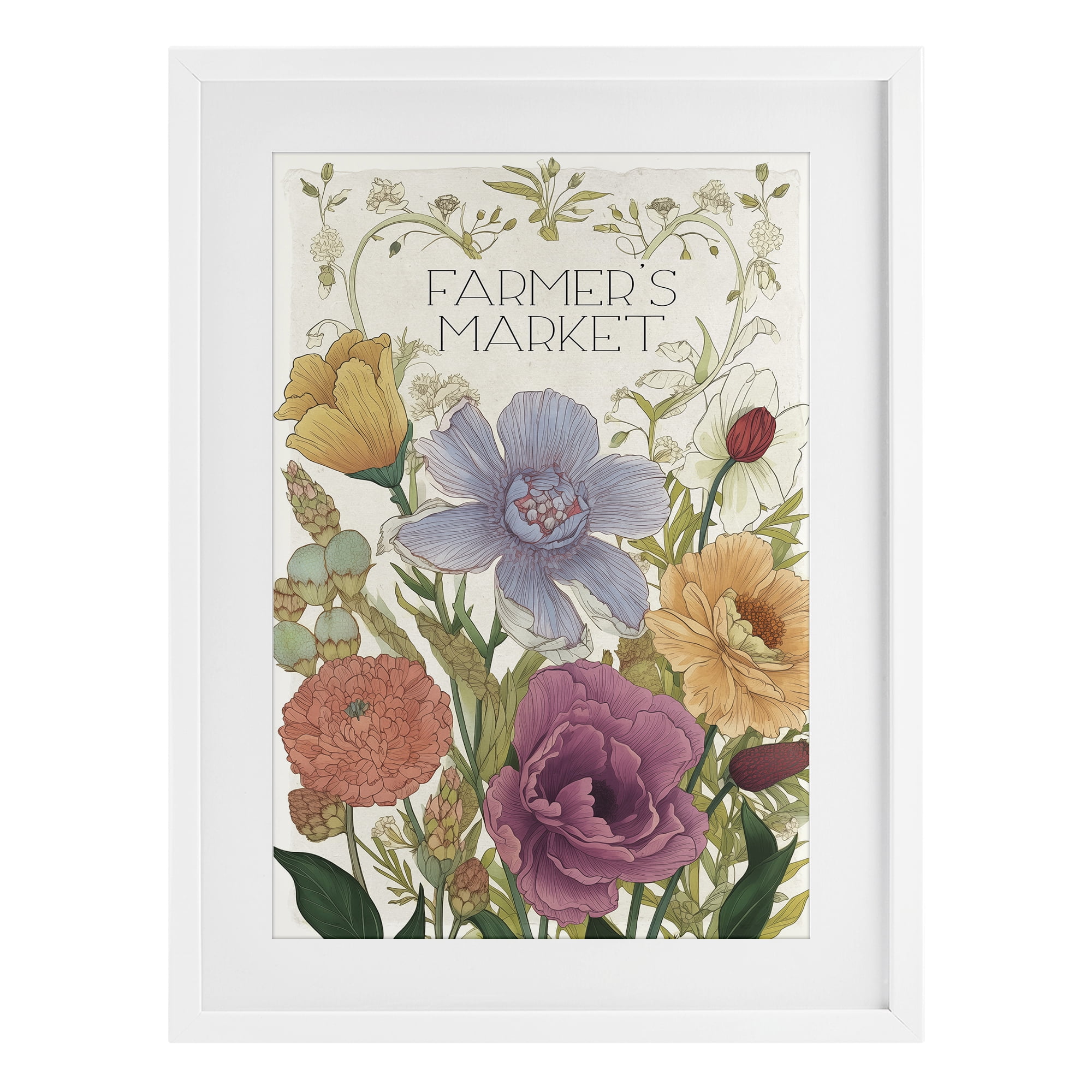 Vintage Farmer's Market Garden White Framed Print Under Glass, design by Sasha