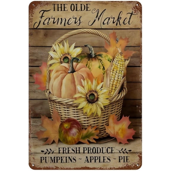 Vintage Farmers Market Metal Tin Sign, Fall Harvest Pumpkin Basket Wall Decor, Rustic Sunflower Autumn Wall Art Plaque for Home Kitchen Porch Garden, 8x12 Inch