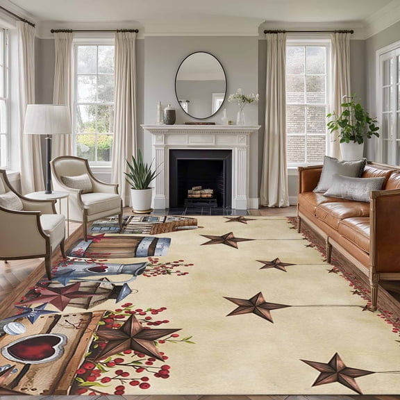 Vintage Farmhouse 5x7 Rug for Living Room Sofa and Coffee Table Layout, Brown Star Red Flower Barrel Farm Washable Non Slip Rectangle Area Rug