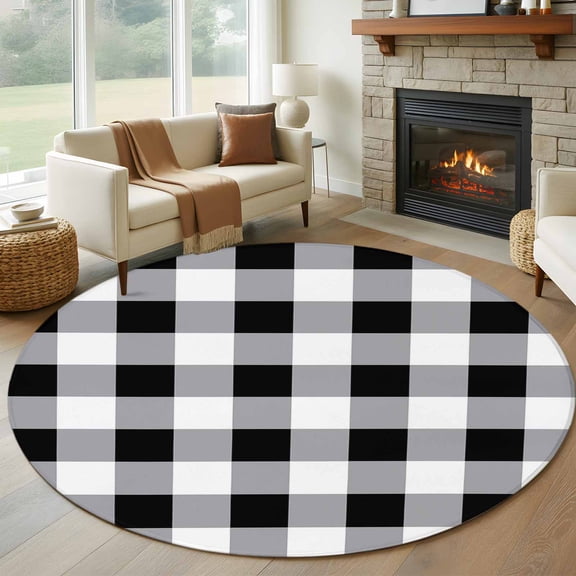 Vintage Farmhouse 8FT Round Area Rugs for Living Room Black White Buffalo Check Plaid Ultra-Thin Non-Slip Round Rugs Machine Washable Low Pile Circle Carpet for Bedroom Kitchen Nursery