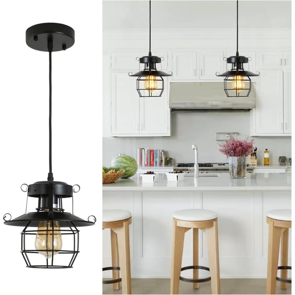 Vintage Farmhouse Adjustable Pendant Light, Black Metal Cage Hanging Lamp for Kitchen Island, Entry, Bedroom, Living Room (1 Light)